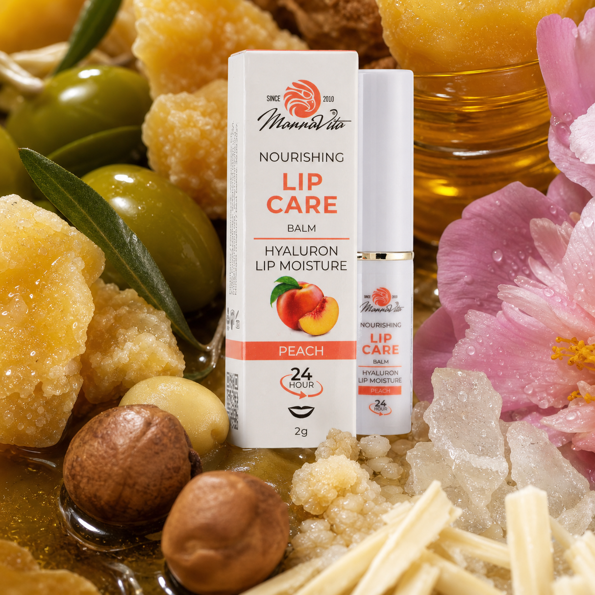 Mannavita • Balsam de buze cu Acid Hialuronic • Hranire intensă • PIERSICĂ