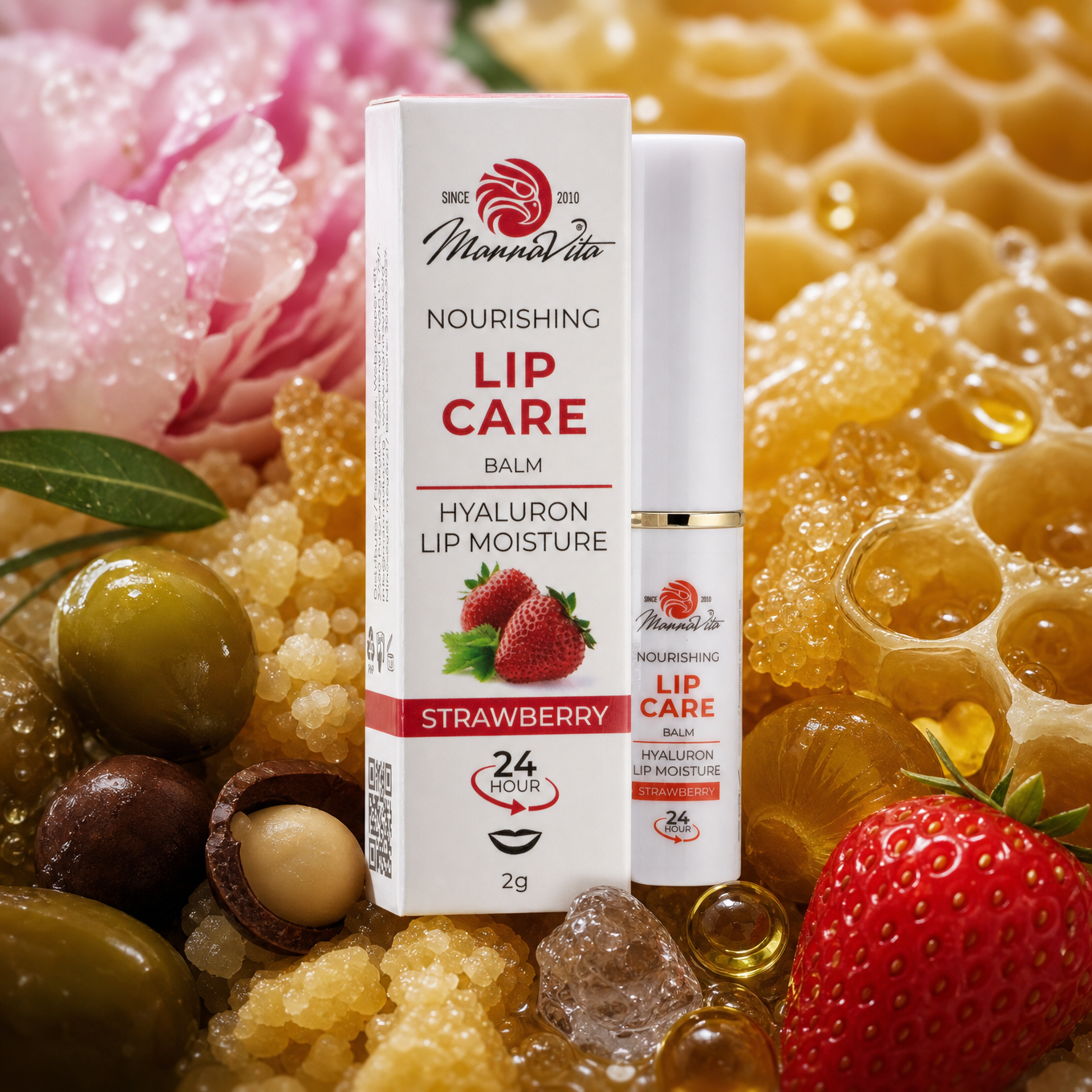 Mannavita • Balsam de buze cu Acid Hialuronic • Hranire intensă • CAPȘUNI