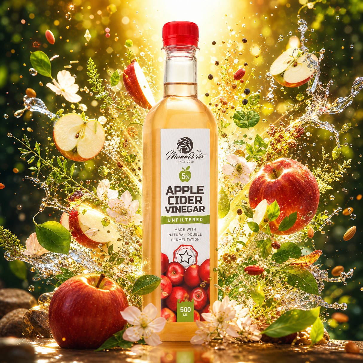 Mannavita Oțet de Mere nefiltrat, cu Dublă Fermentație • 500 ml